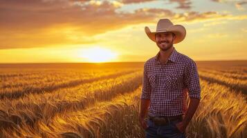 A farmer standing in a golden wheat field at sunset, gazing over the landscape, symbolizing rural life and agriculture. photo