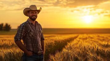 A farmer standing in a golden wheat field at sunset, gazing over the landscape, symbolizing rural life and agriculture. photo