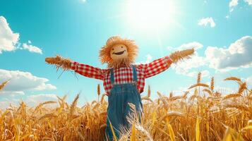 Joyful Scarecrow Celebrating Abundant Harvest in Sunny Wheat Field photo