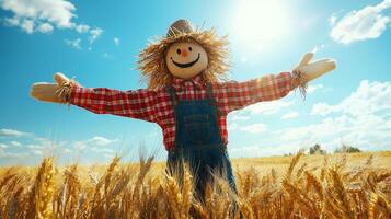 Joyful Scarecrow Celebrating Abundant Harvest in Sunny Wheat Field photo
