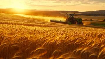 A tractor harvesting a vast golden wheat field at sunset photo