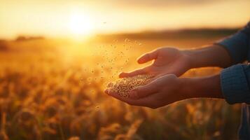 A farmer's hand holding grains of wheat against a backdrop of a golden wheat field during sunset, symbolizing harvest. photo