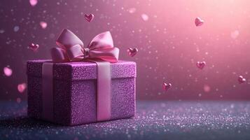 a glittering pink gift box adorned with a satin ribbon bow. Floating pink heart shapes and sparkling particles fill the soft pink background, creating a dreamy, romantic atmosphere. valentine concept. photo