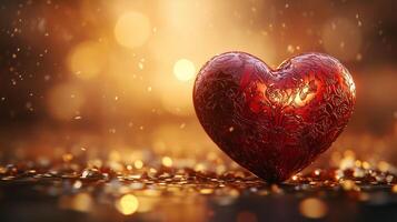 A beautifully embossed red heart rests on a glimmering surface, illuminated by golden light and delicate sparkles, evoking timeless love, romance, and warmth perfect for Valentines celebration. photo