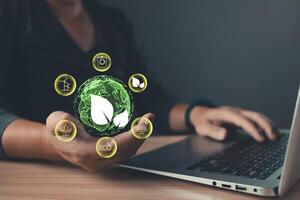 person use software to save energy,and reduce global warming,climate change,ecology friendly investment,ESG environment social governance,Green Business Innovation and Sustainable Development concept. photo
