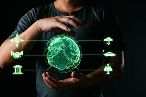 person hold technology icon to save energy,and reduce global warming,ecology friendly investment,ESG environment social governance,nature green Business Innovation and Sustainable Development concept. photo