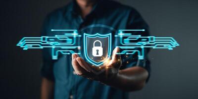 Cybersecurity and privacy protection network security computer and safe data concept. Businessmen protect personal data information from viruses with virtual screen interfaces. photo