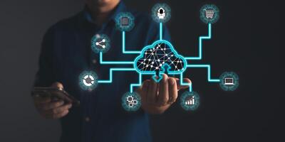 man holding icon cloud computing diagram show on hand. data storage.cloud technology.secure backup and consistency networking and internet service concept.implementing storage technology in business photo