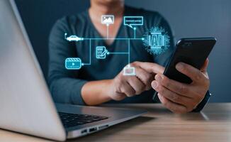 artificial intelligence generates technology concept. a person uses AI chip tech big data business process strategy, and smart customer service management. Digital transformation change management. photo