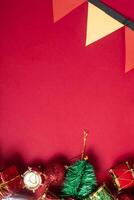 Christmas decorations on a red background photo