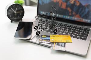 Effective marketing in e-business drives commerce by encouraging online shopping, where customers fill their carts and make purchases during sales, all within vast expanse of cyberspace. idea, pay photo