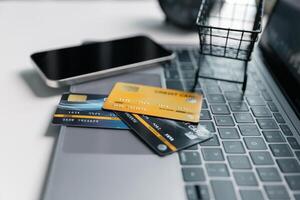 Effective marketing in e-business drives commerce by encouraging online shopping, where customers fill their carts and make purchases during sales, all within vast expanse of cyberspace. idea, pay photo
