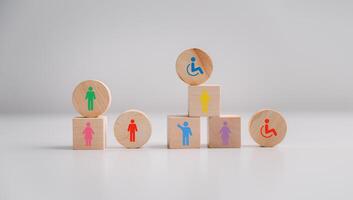 Concept of diversity, inclusion and equality promotes community integration, where every person, regardless of disability, is embraced through teamwork and equity in colourful, supportive environment photo