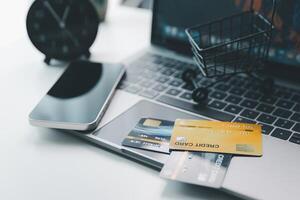 Effective marketing in e-business drives commerce by encouraging online shopping, where customers fill their carts and make purchases during sales, all within vast expanse of cyberspace. idea, pay photo