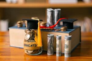 Investing in education abroad, saving coins and money, leads to financial growth, successful graduation, and future success. management, planning, stack, profit, prosperity, step, performance, secure photo