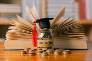 Investing in education abroad, saving coins and money, leads to financial growth, successful graduation, and future success. management, planning, stack, profit, prosperity, step, performance, secure photo