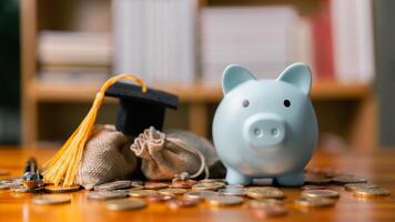 Planning for education abroad involves saving money and making wise investments in finance, which can lead to graduation success, future wealth, cognitive growth, and well-managed budget. hat, idea photo