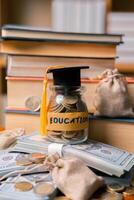 Planning for education abroad involves saving money and making wise investments in finance, which can lead to graduation success, future wealth, cognitive growth, and well-managed budget. hat, idea photo