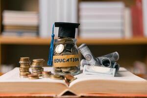 Investing in education abroad, saving coins and money, leads to financial growth, successful graduation, and future success. management, planning, stack, profit, prosperity, step, performance, secure photo