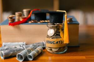 Investing in education abroad, saving coins and money, leads to financial growth, successful graduation, and future success. management, planning, stack, profit, prosperity, step, performance, secure photo