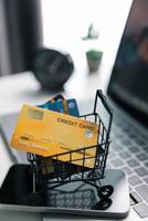Effective marketing in e-business drives commerce by encouraging online shopping, where customers fill their carts and make purchases during sales, all within vast expanse of cyberspace. idea, pay photo