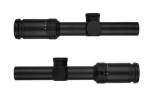 Black rifle scope with adjustment knobs and magnification settings, isolated on a white background. photo