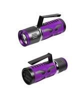 Modern metal LED flashlight in violet color. Portable flashlight isolate on a white back photo