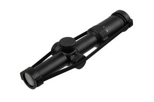 Black rifle scope with adjustment knobs and magnification settings, isolated on a white background. photo