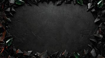 Dark and dramatic fantasy background featuring sharp, jagged black rocks with metallic accents, creating a luxurious and mystical atmosphere, perfect for game design, posters, or digital art photo
