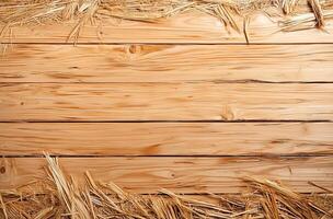 Wooden planks with straw on top and bottom, rustic background, natural texture, farm theme, suitable for agricultural or countryside concepts photo