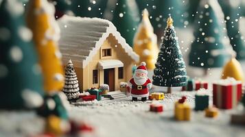 A festive winter scene with a snow-covered house, decorated Christmas tree, Santa Claus figure, and wrapped gifts, surrounded by snow and pine trees, creating a cozy holiday atmosphere photo