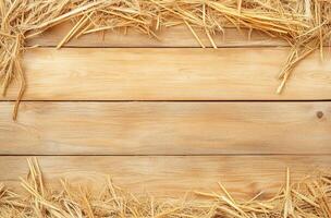 Wooden planks with straw on top and bottom, rustic background, natural texture, farm theme, suitable for agricultural or countryside concepts photo