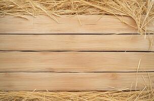 Wooden planks with straw on top and bottom, rustic background, natural texture, farm theme, suitable for agricultural or countryside concepts photo