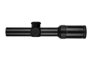 Black rifle scope with adjustment knobs and magnification settings, isolated on a white background. photo