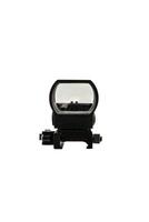 A black tactical reflex sight with adjustment knobs and a mounting base, designed for precision aiming on firearms, isolated on a white back. photo