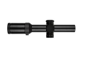 Black rifle scope with adjustment knobs and magnification settings, isolated on a white background. photo