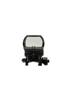A black tactical reflex sight with adjustment knobs and a mounting base, designed for precision aiming on firearms, isolated on a white back. photo