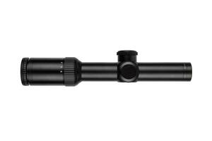Black rifle scope with adjustment knobs and magnification settings, isolated on a white background. photo