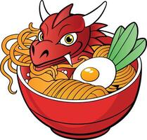 Red Dragon With Ramen Noodles with red bowl vector