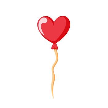 Heart shaped red balloon with a wavy string in cartoon style. Simple and cute illustration perfect for Valentines Day, romantic design and festive project. Isolated on white background. vector