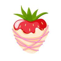 Strawberry dessert topped with white chocolate in cartoon style. Sweet fruit icon for menu design. Isolated on a white background. vector