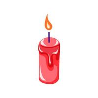 Decorative red candle with soft flame in cartoon style. Design for Valentine day card. Isolated on white background. vector