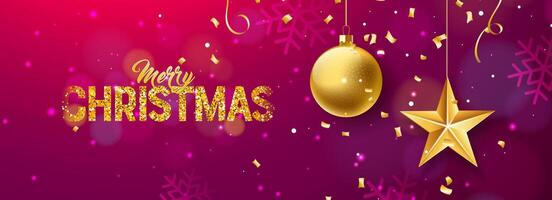 Merry Christmas and Happy New Year Illustration with Gold Glittered Typography Letter and Falling Confetti on Shiny Red Background. Holiday Season Design for Greeting Card, Party Invitation or vector