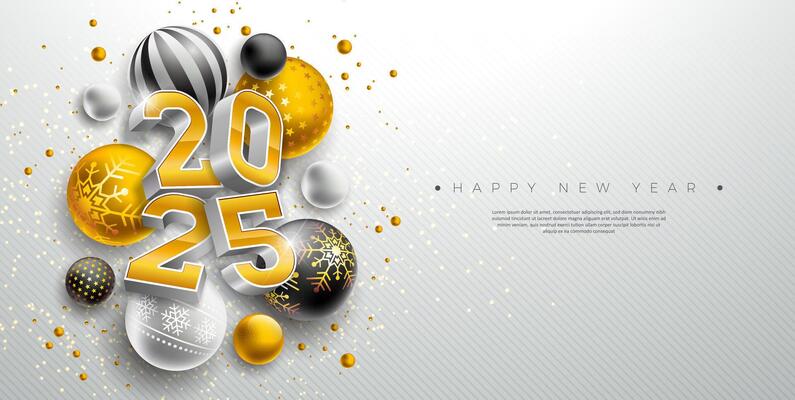 Happy New Year 2025 Banner Illustration with 3d Gold Number and Christmas Ball on White Background. Holiday Design with Typography Lettering for Flyer, Greeting Card, Celebration Poster, Party
