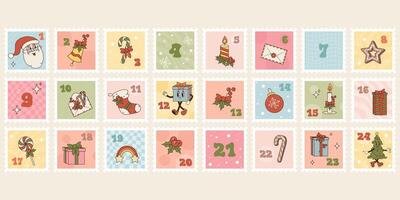 Vintage Christmas advent calendar. Groovy characters and xmas symbols with numbers vector