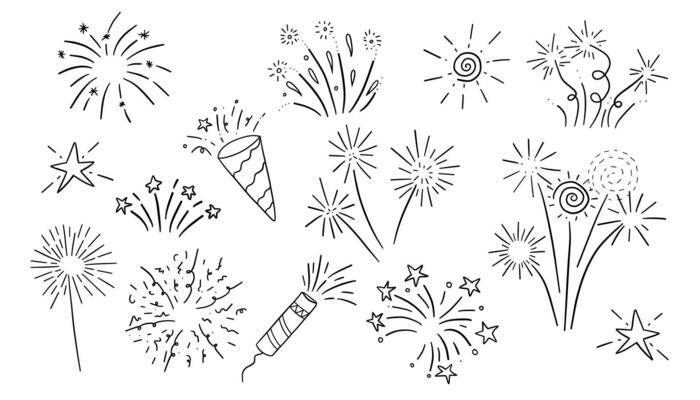 Set of hand drawn fireworks in doodle style. illustration.