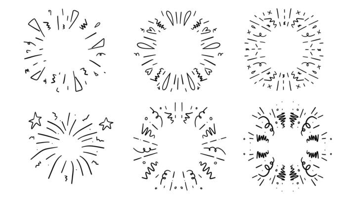 Set of hand drawn fireworks in doodle style. illustration.