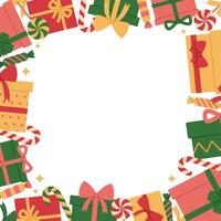 Square frame made from colorful gift boxes with bows and sweets. Holiday presents. Christmas template for banner, greeting card. Flat illustration isolated on white background vector
