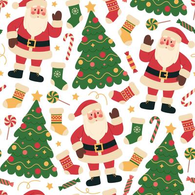 Christmas seamless pattern with Santa Claus, tree, stockings, candy canes, candies and lollipops on white background. Xmas celebration. Flat illustration for wallpaper, textile, packaging