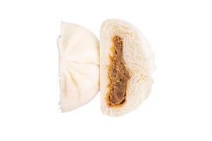 Chinese steam bun with pork meat isolated on white background. top view photo